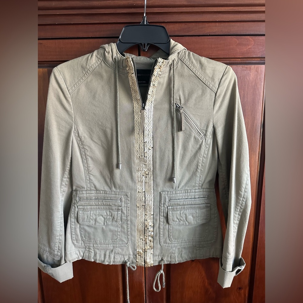 BCBGMaxAzria Fatigue Hooded Jacket with Gold Sequins - New with Tags